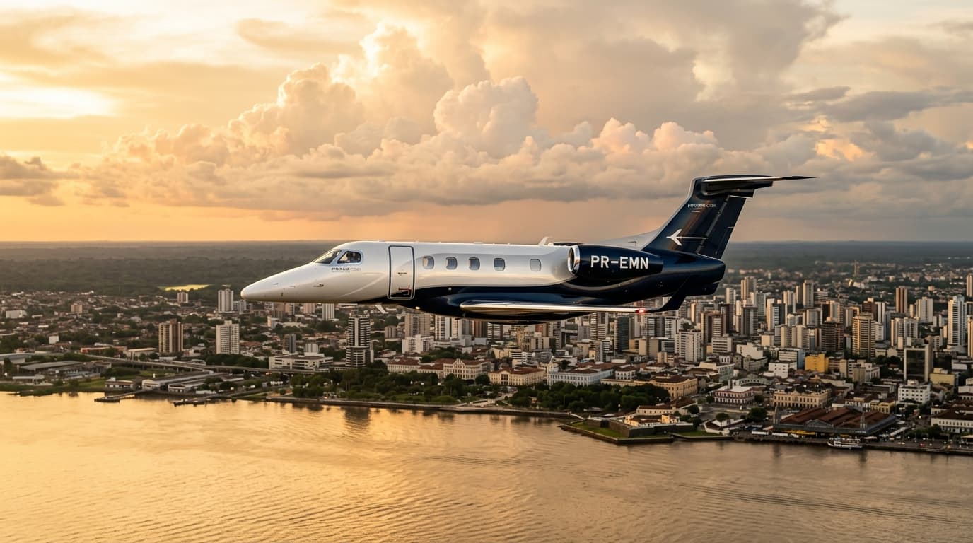 Jato executivo Embraer Phenom 300E da Prosper Aviação voando sobre Belém e Baía do Guajará ao pôr do sol