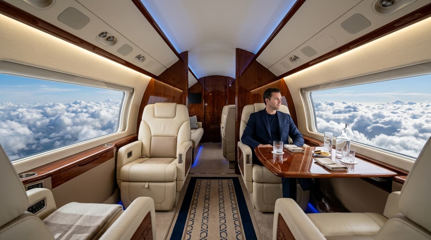 Interior de cabine executiva de alto luxo da Prosper Aviação
